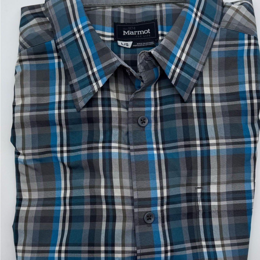 Marmot Men's Outdoor Hiking Gray and Blue Plaid Shirt, Size Large
